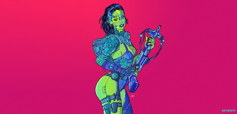 colorful, cyborg, simple background, futuristic, artwork