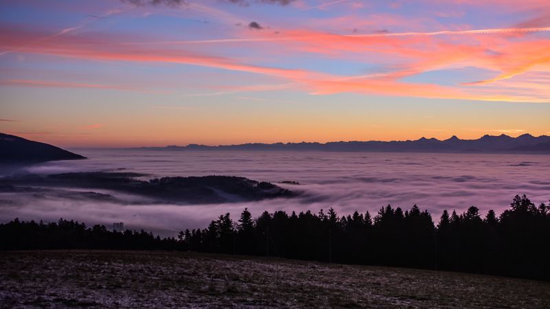 fog, sunset, horizon, sky, 4k