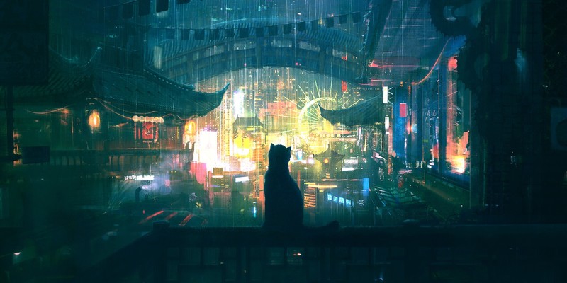digital art, environment, cats, rain, lights, Japanese, balcony, bridge, city, science fiction
