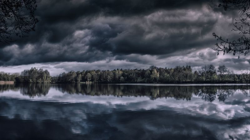 lake, trees, horizon, reflection, clouds, dark, overcast, 4k