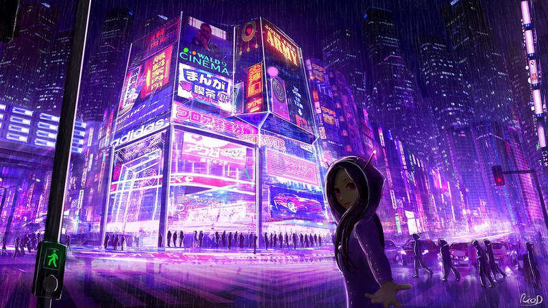neon, building, night, lights, POV