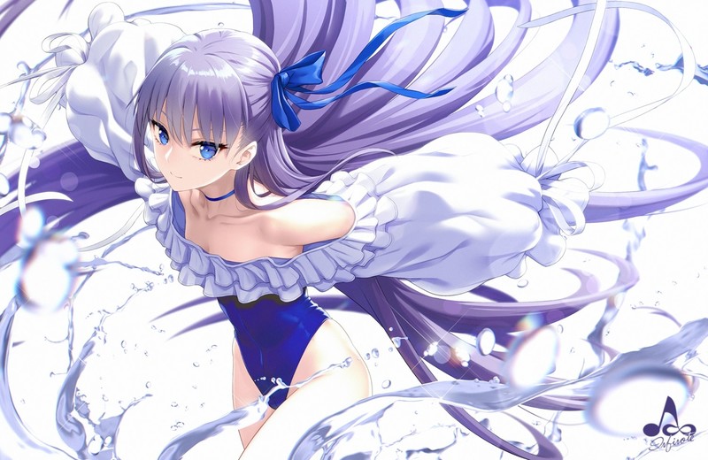 Fate/Grand Order, Meltlilith, anime, blue eyes, purple hair, water, white, ribbons, long hair
