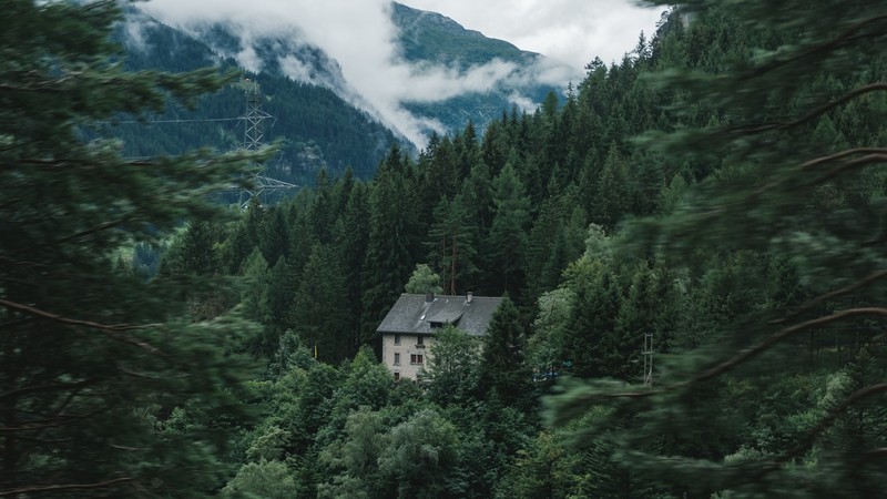 landscape, nature, forest, building, mist, motion blur, long exposure