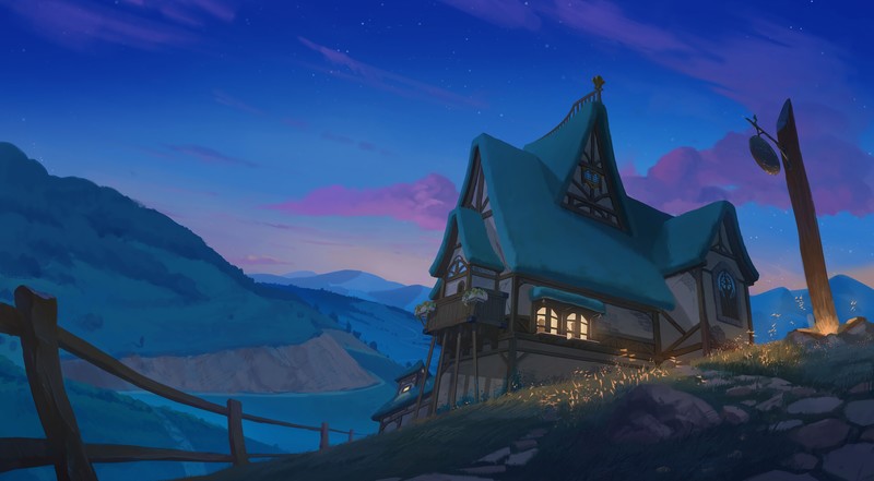 artwork, night, house, sky, mountains, digital art, Z 4-zero, landscape