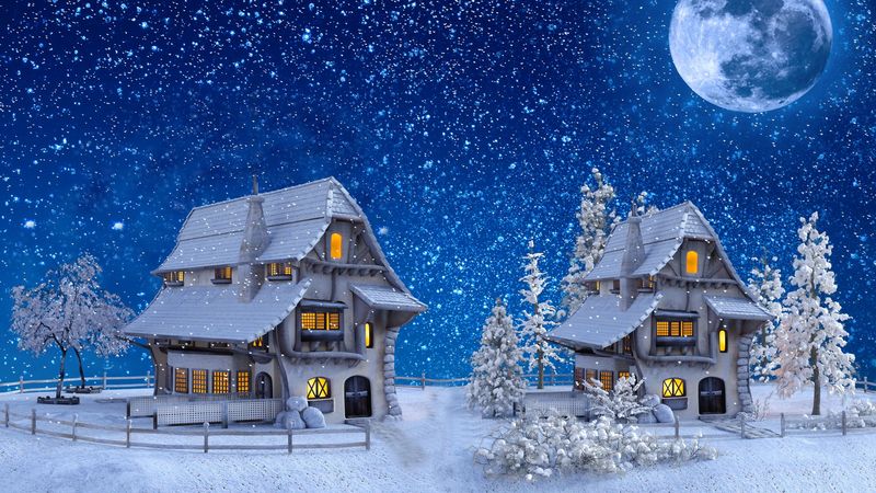 houses, winter, snow, moon, toy, 4k