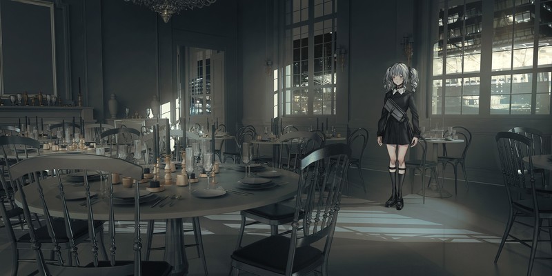 anime, _LM7_, chandeliers, silverware, chair