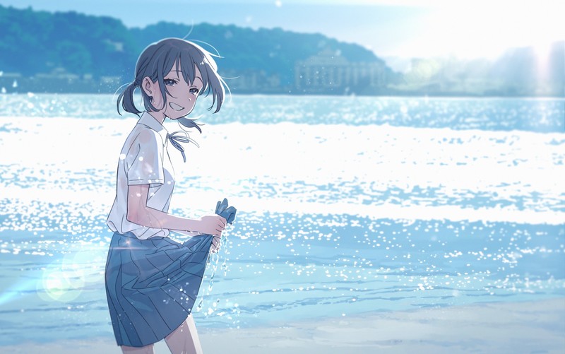 anime, anime girls, outdoors, sea, smiling