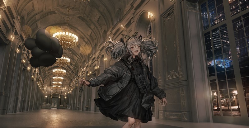_LM7_, anime, balloon, chandeliers, bokeh, architecture, candles, anime girls, twintails, grey hair