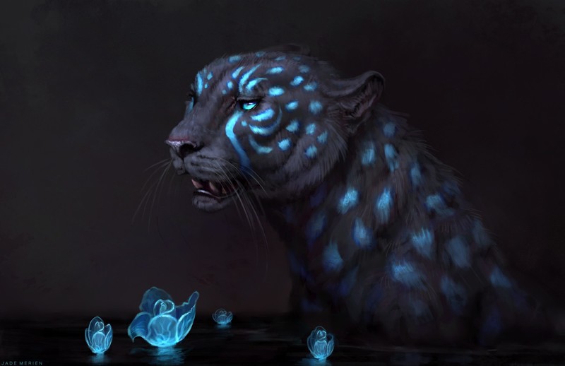 Jade Merien, artwork, fantasy art, big cats, animals, cyan