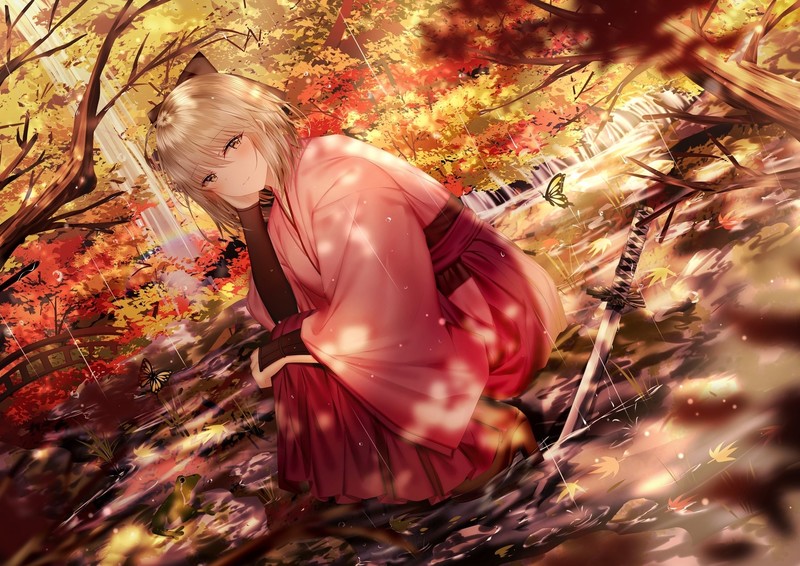 Fate/Grand Order, Okita Souji, rain, katana, sword, weapon, yellow eyes, forest, Japanese clothes, short hair
