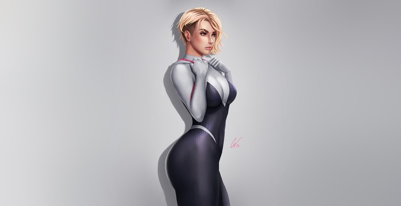 Marvel Comics, Gwen Stacy, fantasy girl, simple background, women, artwork, blonde, short hair