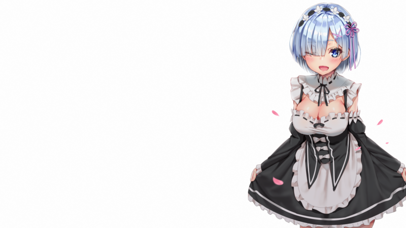 Rem (Re: Zero), Re:Zero Kara Hajimeru Isekai Seikatsu, anime girls, anime, blue hair, blue eyes, blushing, happy, looking at viewer, maid, cleavage, petals, dress, bangs, white background, simple background, artwork, drawing, digital art, 2D, illustration, fan art, portrait, detached sleeves