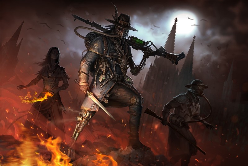artwork, fantasy art, Moon, fire, dark, steampunk