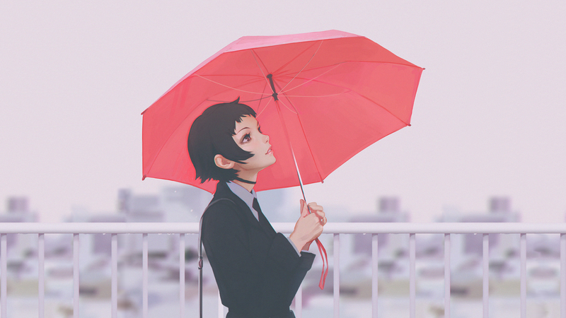 cartoon, digital, women, umbrella, short hair, Ilya Kuvshinov, choker