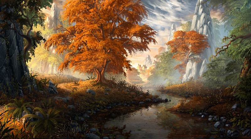 digital art, artwork, fall, trees, mountains, nature, landscape, stream, drawing, digital, Kiarya