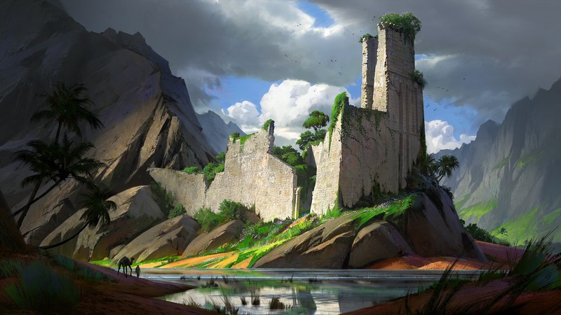artwork, fantasy art, castle, abandoned, mountains, river, palm trees