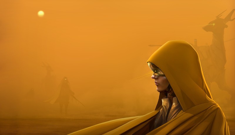 artwork, women, hoods, storm, yellow, fantasy art, fantasy girl