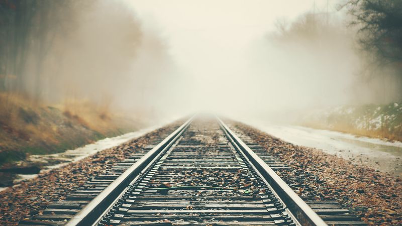 railway, fog, autumn, direction, 4k