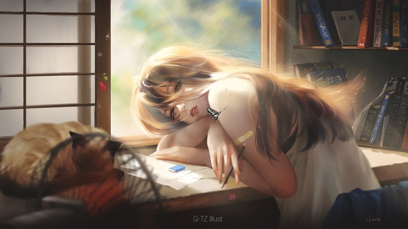 women, long hair, hair in face, sun rays, desk, window, cats, pet, sitting, books, artwork, drawing, digital art, butterfly, indoors, Taejune Kim