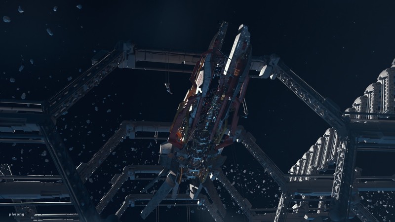3d design, science fiction, spaceship, space, asteroid, dock
