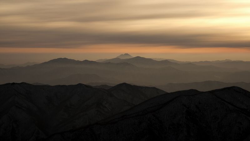 mountains, fog, sky, sunset, distance, 4k