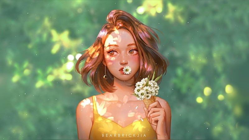 digital art, fantasy girl, flowers, green, Karmen Loh, women, illustration, daisies