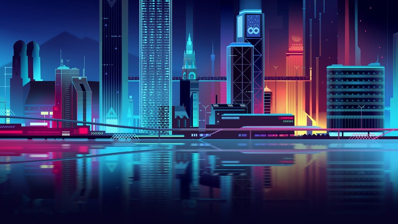 digital, digital art, artwork, illustration, vector, vector art, vector graphics, Romain Trystram, city, cityscape, lights, city lights, neon, neon lights, building, architecture, urban, modern, futuristic, cyber, cyber city, water, sea, reflection, colorful, blue, cyan, red, yellow, landscape, tower, skyscraper, minimalism