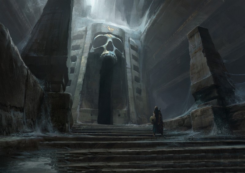 illustration, warrior, dark fantasy, skull, gods, environment
