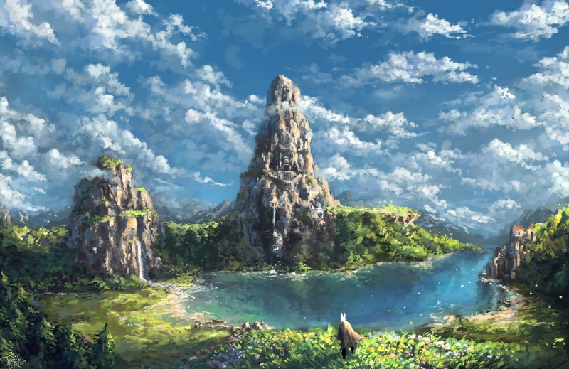 Tommy Chandra, mountains, clouds, rabbits, lake, forest, birds, ruins, flowers