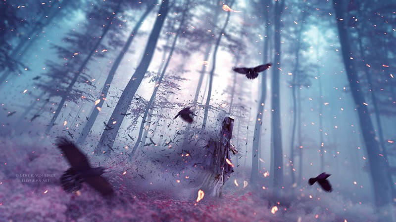 3d design, fantasy art, forest, crow