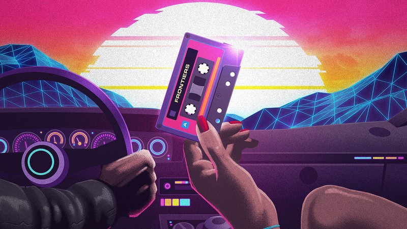 digital, digital art, artwork, illustration, concept art, environment, car, vehicle, transport, hands, people, men, women, lights, neon, neon lights, lines, mountains, nature, Sun, sun rays, sunset, Retrowave, vaporwave, synthwave, Synthpop, 80s, 1980s, OutRun, cassette, futuristic