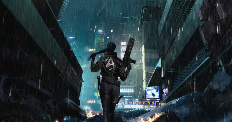 digital, artwork, cyberpunk, women, weapon, concept art, illustration, Rishiraj Singh Shekhawat, low-angle, rain, urban