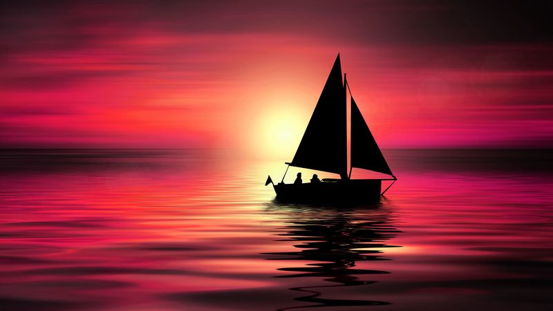 sail, silhouettes, sea, horizon, night, 4k