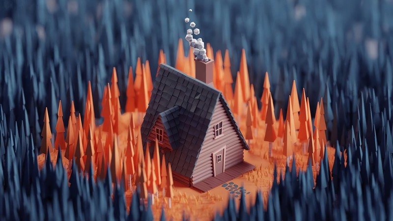 digital, digital art, artwork, low poly, nature, house, hut, forest, trees, pine trees, architecture, Architecture models, cabin, isometric, 3D, chimneys, smoke, orange