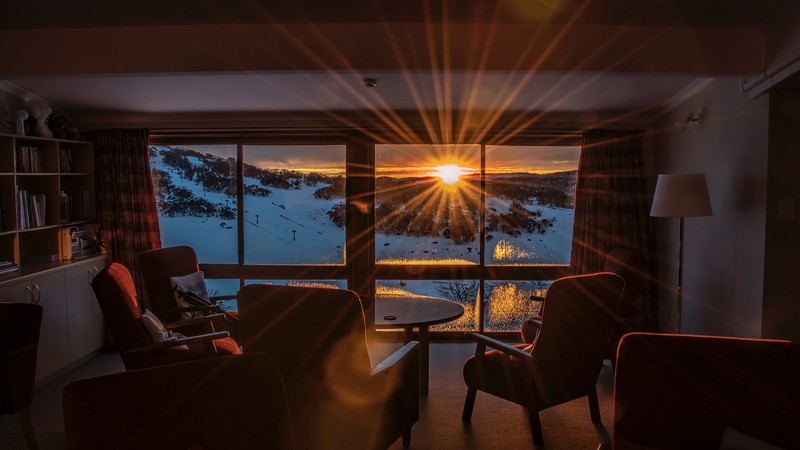 snow, house, interior, sunset