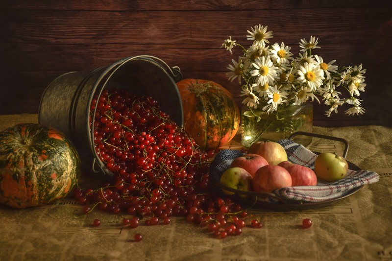 fruit, berries, apples, food, still life, flowers