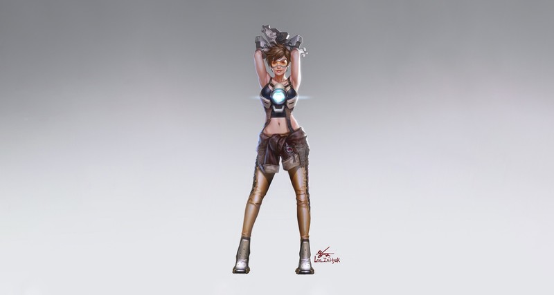 simple background, anime girls, anime, arms up, fantasy girl, Overwatch, PC gaming, standing, crop top, innie navel, belly button, belly, bare midriff