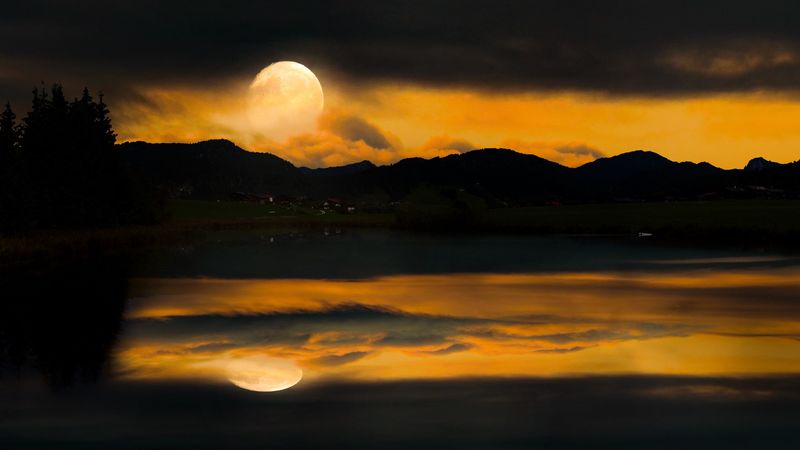 moon, full moon, mountains, dark, night, 4k