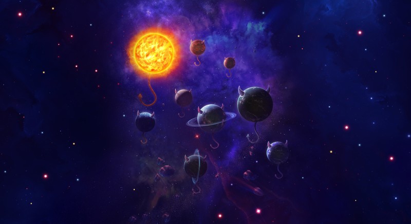 space, space art, colorful, horns, planet, Sun, artwork