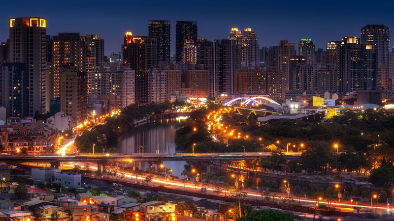 night city, road, bridge, lights, 4k