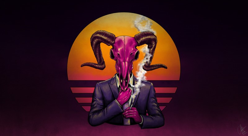 Devil, skull, artwork, smoking, cigarettes, horns, magenta
