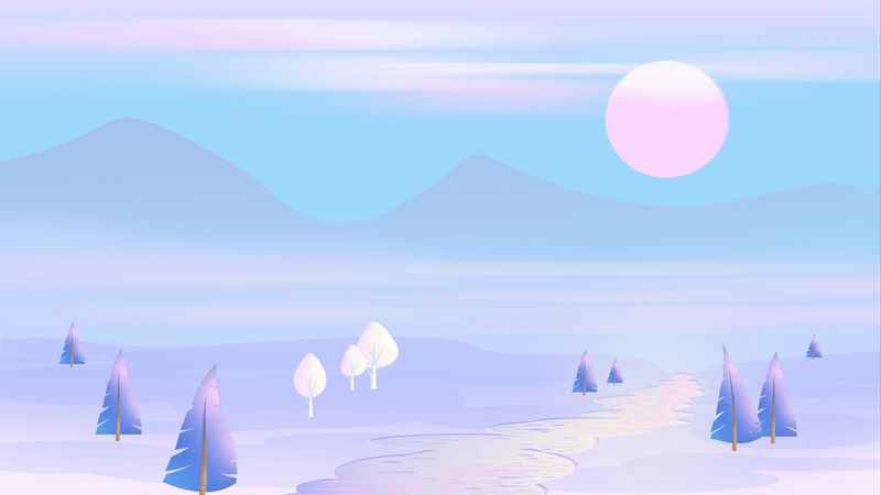 sun, mountains, vector, art, trees, landscape, pastel, 4k