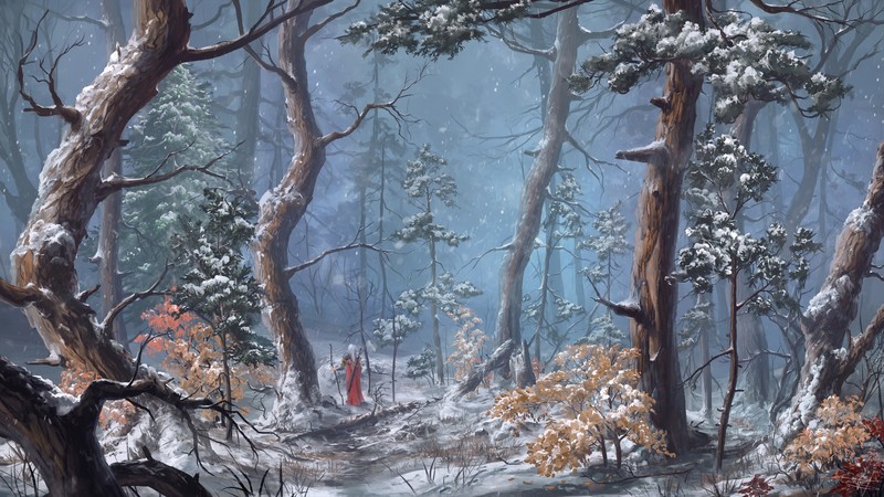 landscape, digital art, forest, snow, ReFiend, fantasy art, artwork, trees, mist, nature, digital, environment, drawing