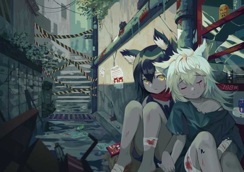 animals, Arknights, bandage, black hair, blonde, blood, building, city, dark, drink, food, Pocky, scars, sleep, stairs, Texas (Arknights), Lappland(Arknights), rats