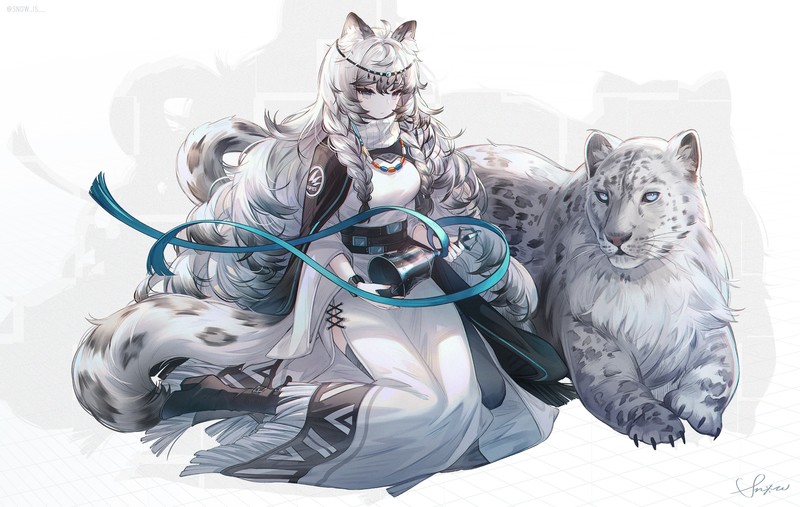 Arknights, bell, blue eyes, boots, braids, cape, cat girl, dress, gray hair, headdress, long hair, necklace, ribbon, tail