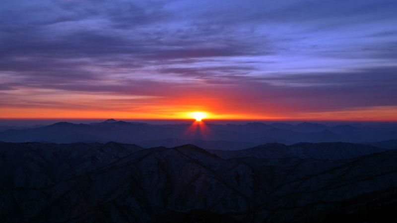 mountains, sunrise, horizon, dawn, sky, 4k