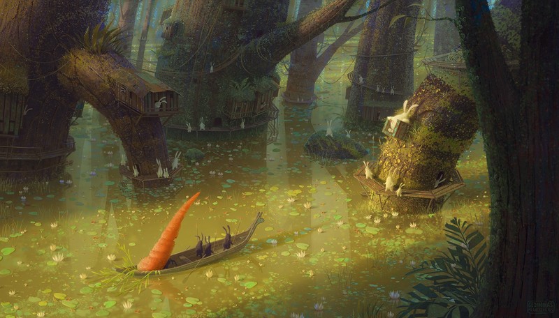 artwork, fantasy art, animals, rabbits, carrots, carrot, swamp, trees, forest, boat