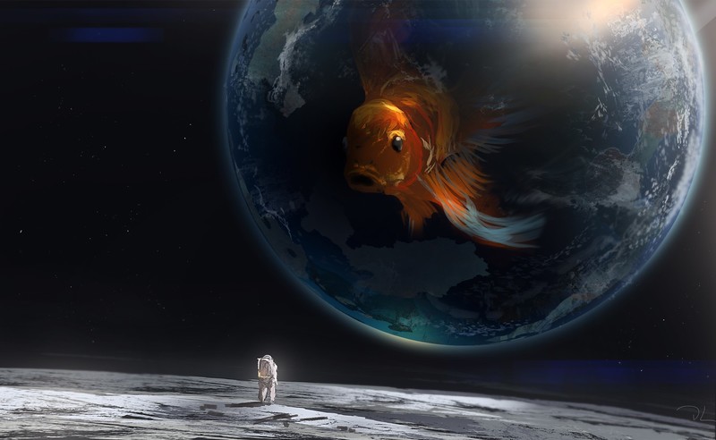 artwork, fantasy art, fish, Earth, space, astronaut
