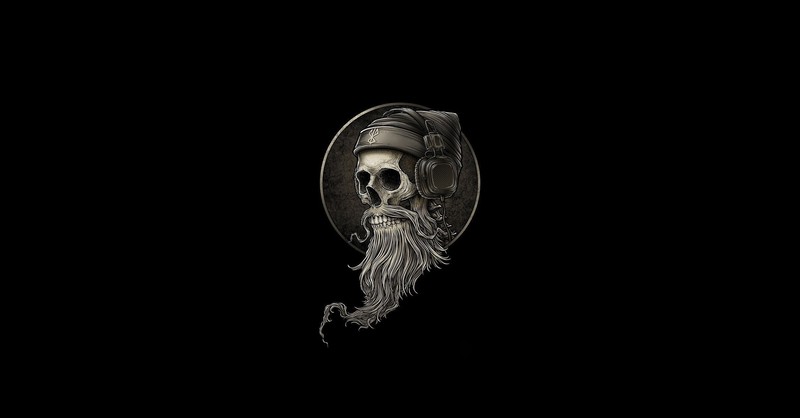headphones, skull, beard, monochrome, artwork, minimalism, simple background