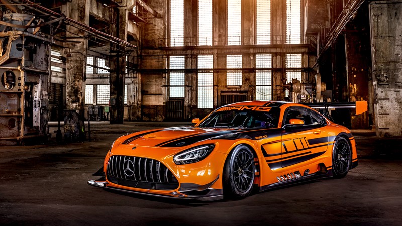 car, race cars, orange cars, factories, Mercedes-AMG GT, front angle view, Mercedes-Benz